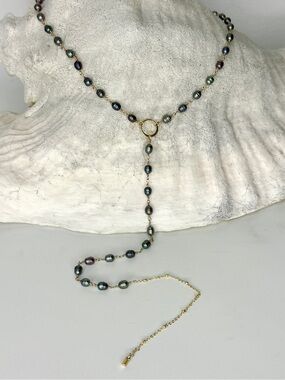 Blue Gray Freshwater Pearl Y Infinity Necklace, 14K Gold Filled Wire Wrapped Nec